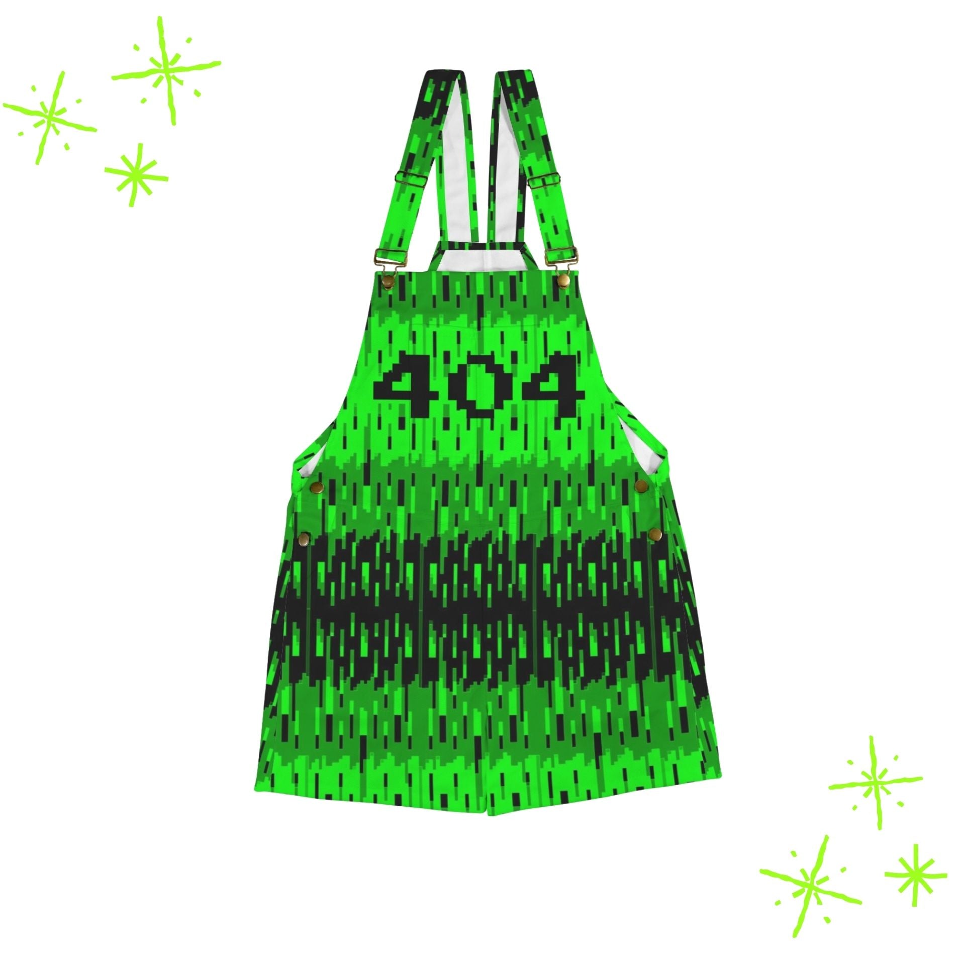 short overalls printed with bright green and black pixelated pattern and "404" on the chest