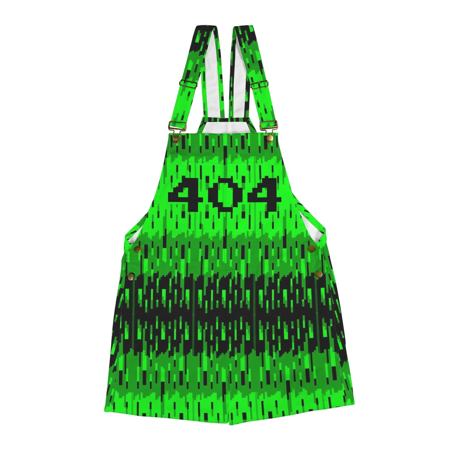 short overalls printed with bright green and black pixelated pattern and "404" on the chest