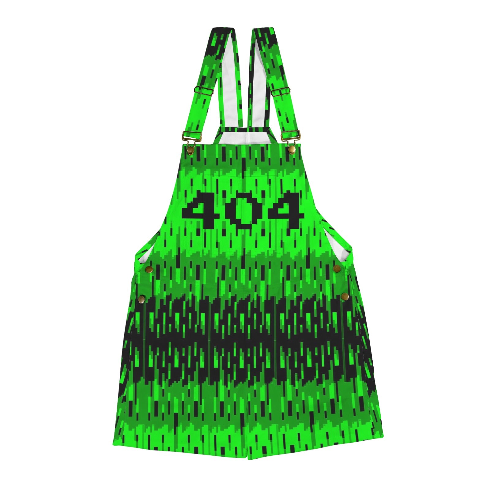 short overalls printed with bright green and black pixelated pattern and "404" on the chest