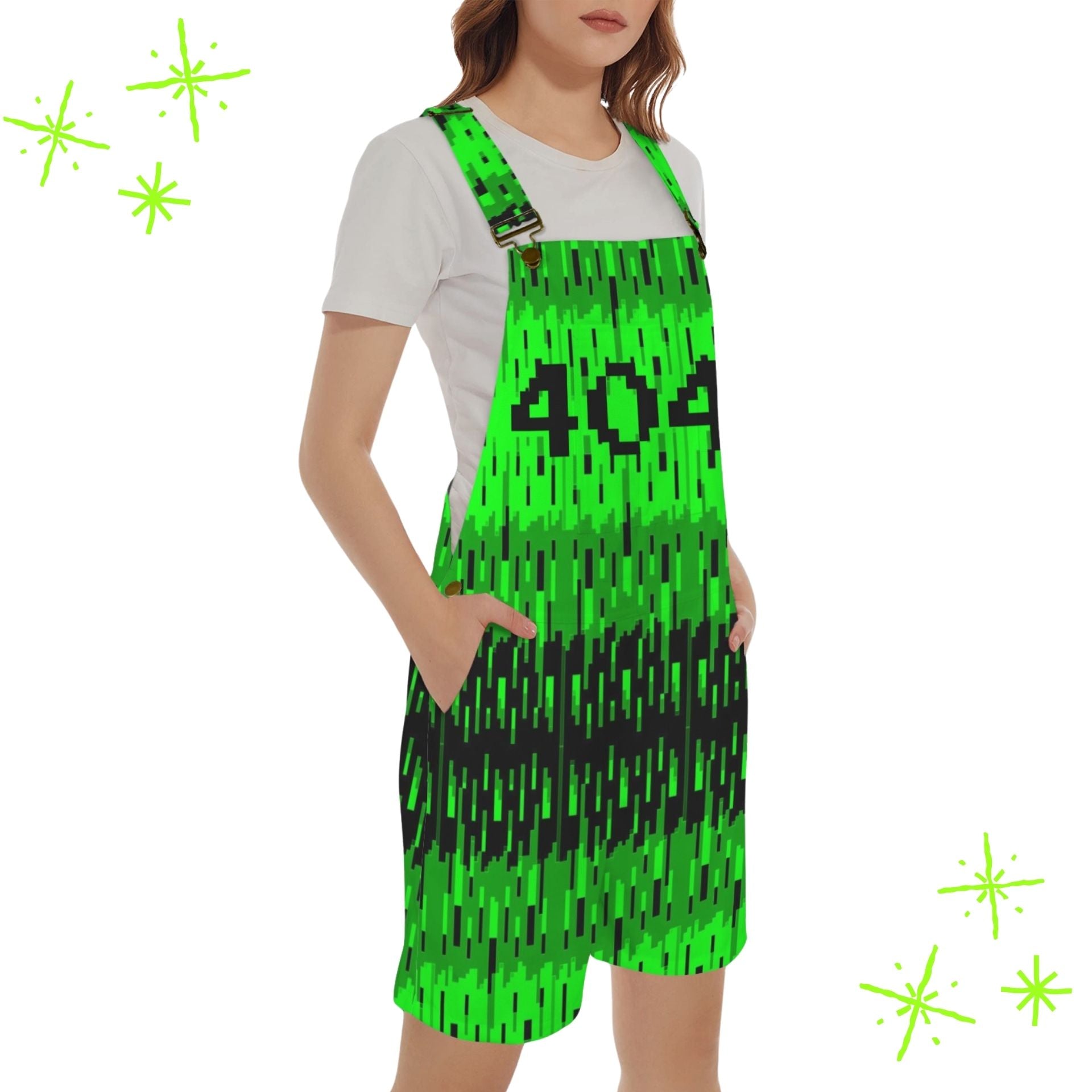 short overalls printed with bright green and black pixelated pattern and "404" on the chest