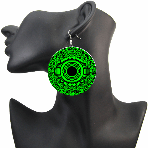 Trippy Alien Eyeball Mandala Earrings lime green weirdcore fractal art rave fest