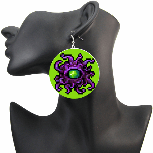 8-bit Shogoth Demon Earrings Cigotuvis Dungeon Crawl | Acid Green Purple Tentacle Boss