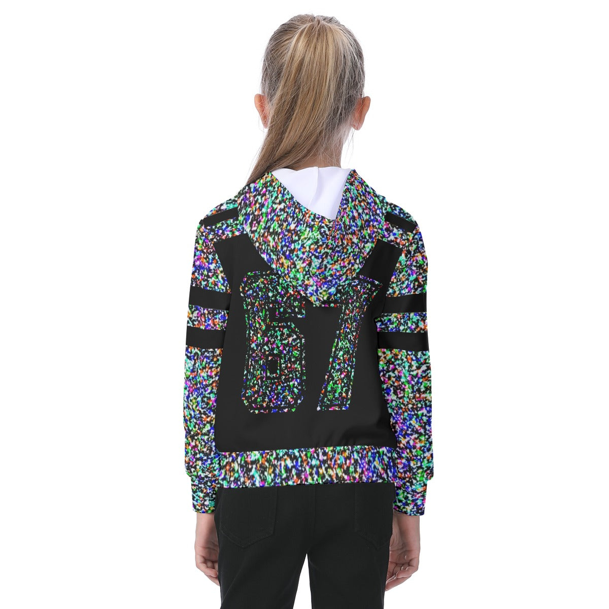 Multicolored patterned 67 hoodie worn by a kid on a white background