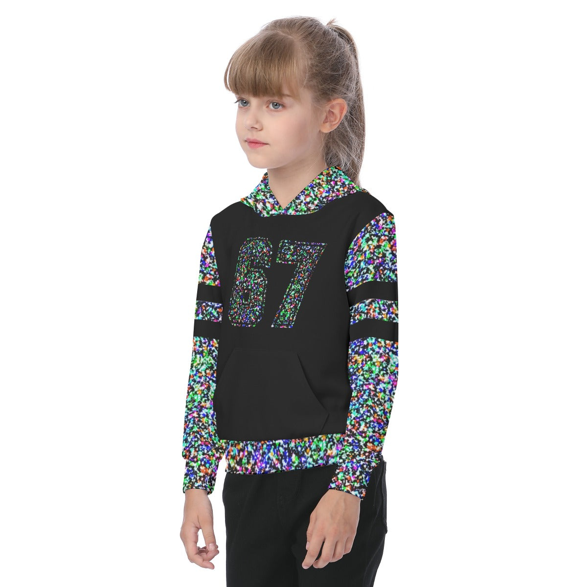 Child wearing a black hoodie with colorful patterns and number 67 on a white background