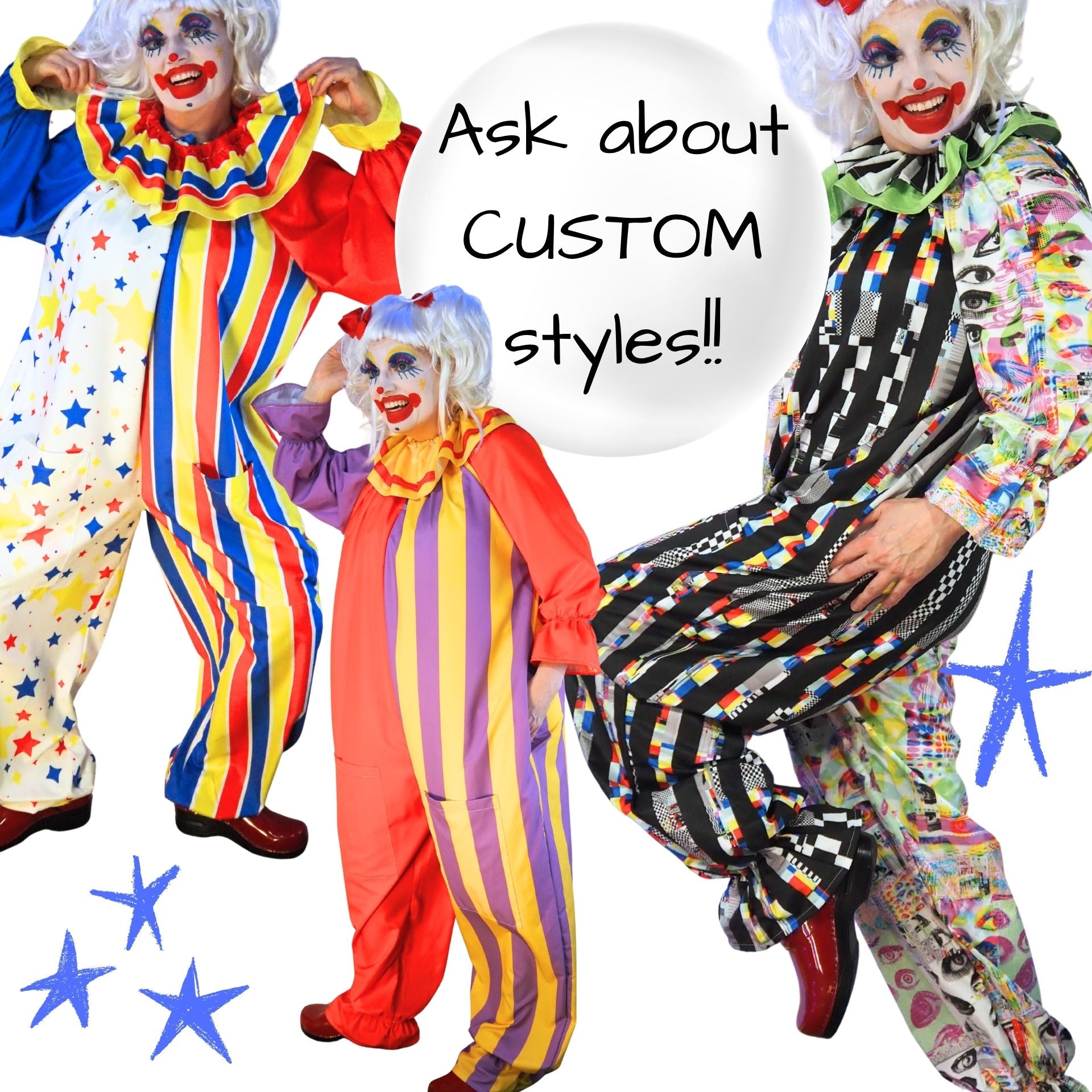 Clowns in colorful costumes with text 'Ask about Custom styles!!' on a white background.