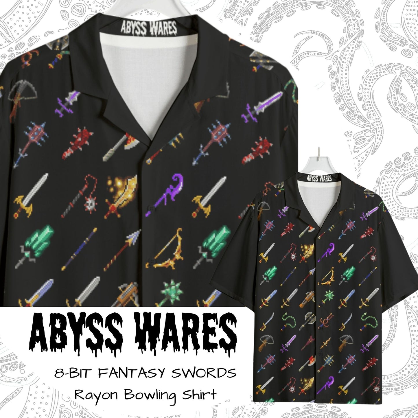 8bit Fantasy Swords Dress Shirt Rayon Bowling Shirt Geeky Gamer Fashion Dungeon Crawl RPG Graphics