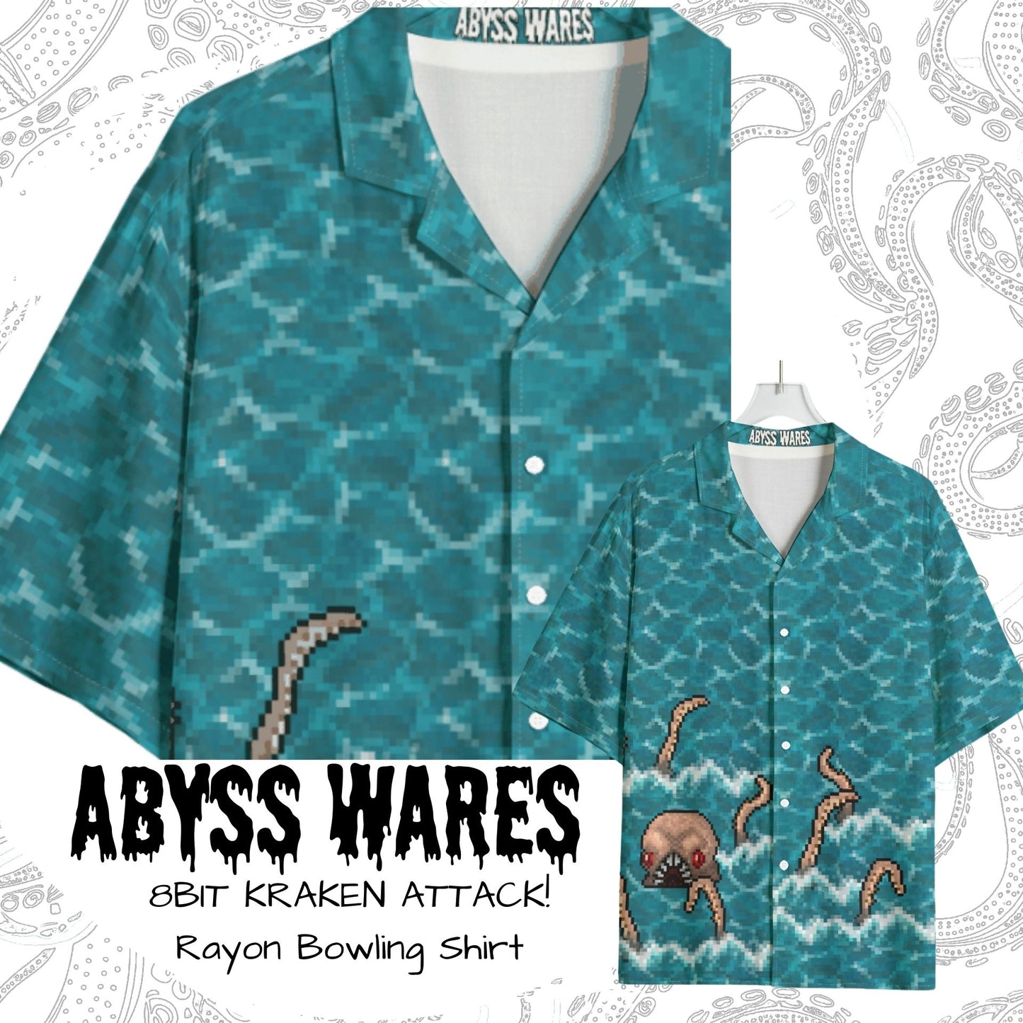 8bit Kraken Attack Watery Blue Rayon Bowling Shirt