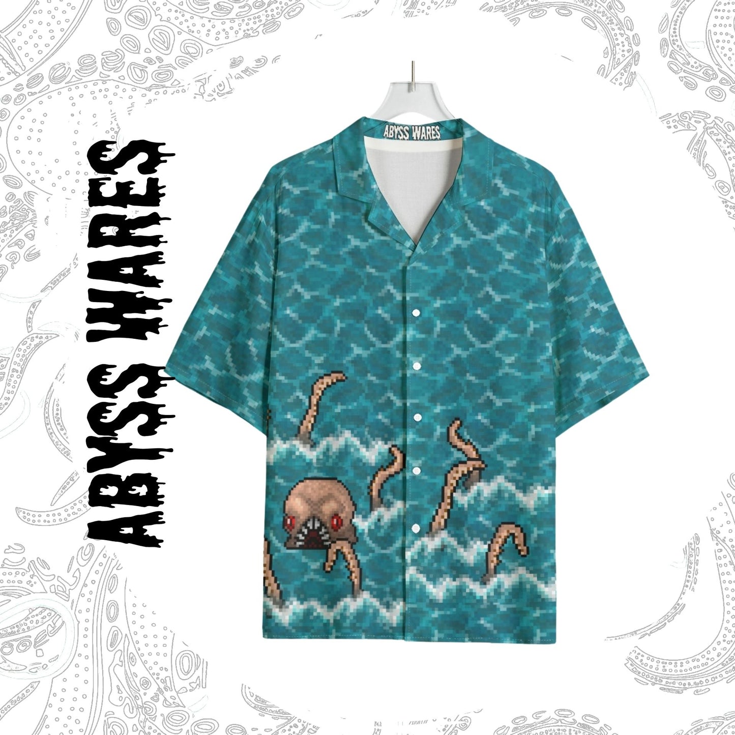 8bit Kraken Attack Watery Blue Rayon Bowling Shirt