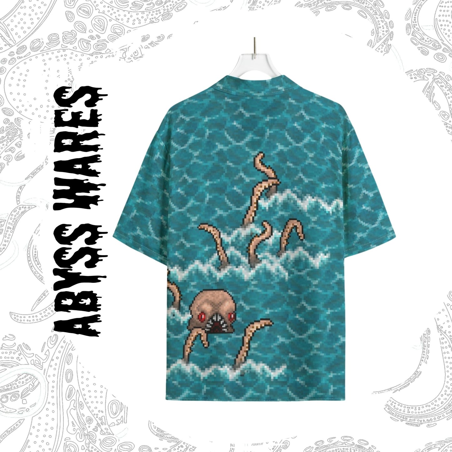 8bit Kraken Attack Watery Blue Rayon Bowling Shirt