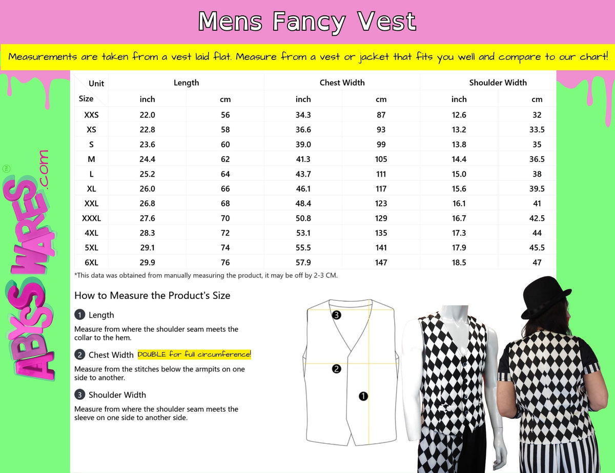 Men's fancy vest size chart with length, chest width and shoulder width measurements
