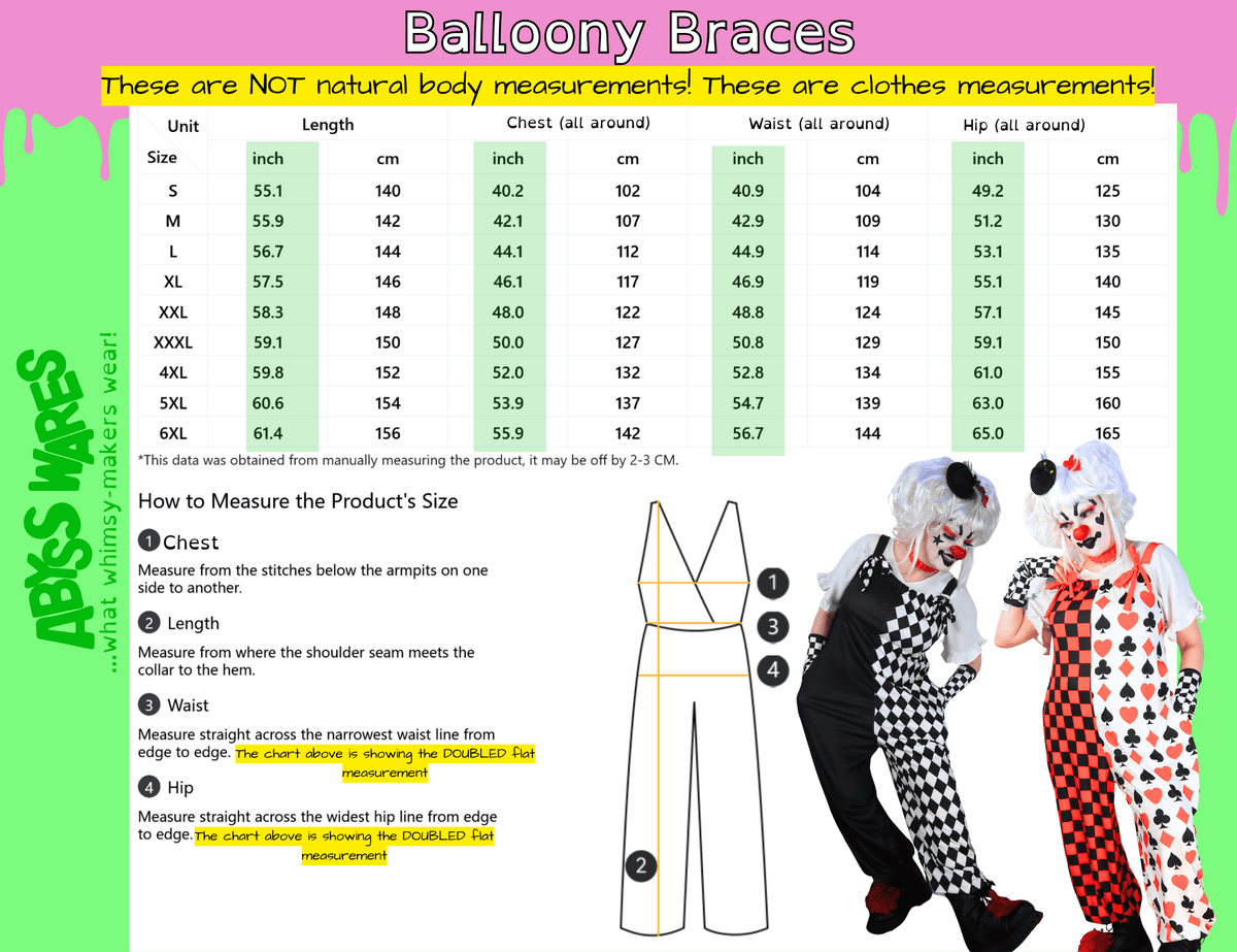 AbyssWares Balloony Braces size chart, sleeveless clown jumpsuit, clown overalls