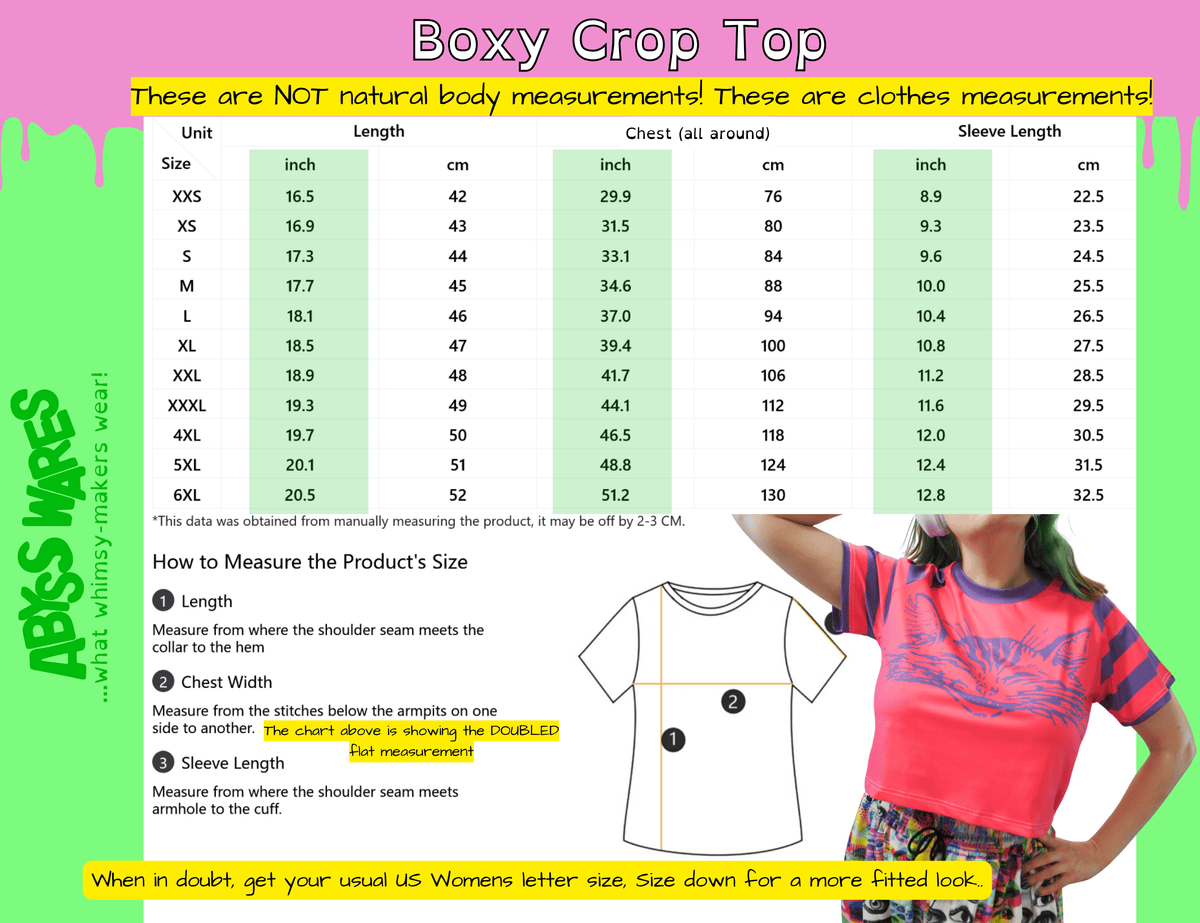 AbyssWares Boxy Crop Top size chart, clown crop top, pom pom stripe tee