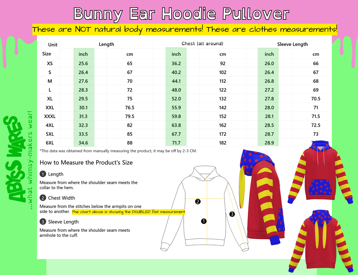 AbyssWares Bunny Ear Hoodie Pullover size chart, rabbit ears pullover, bunny ear hoodie