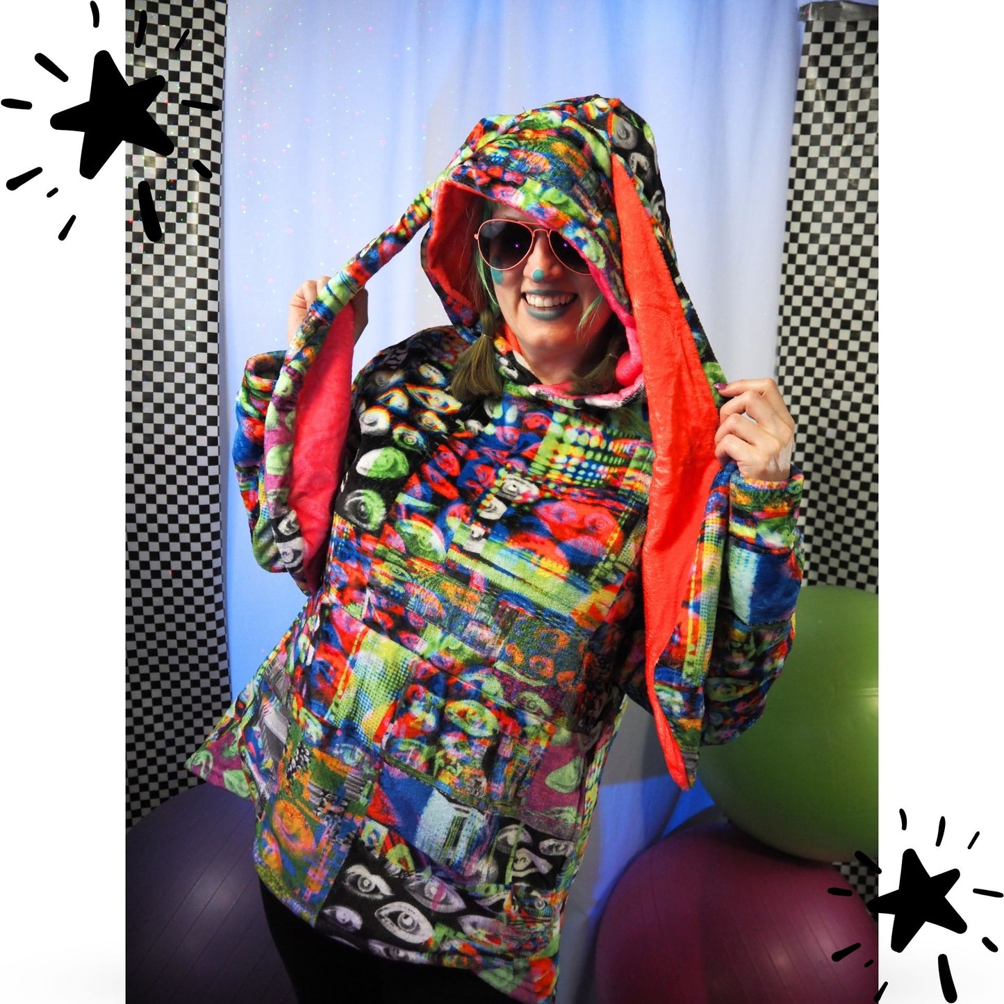 Cozy Bunny Hoodie Abstract Glitch Eye Rabbit Ear Plush Fleece Longline Sweatshirt