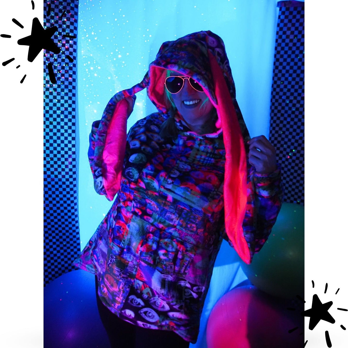 Cozy Bunny Hoodie Abstract Glitch Eye Rabbit Ear Plush Fleece Longline Sweatshirt