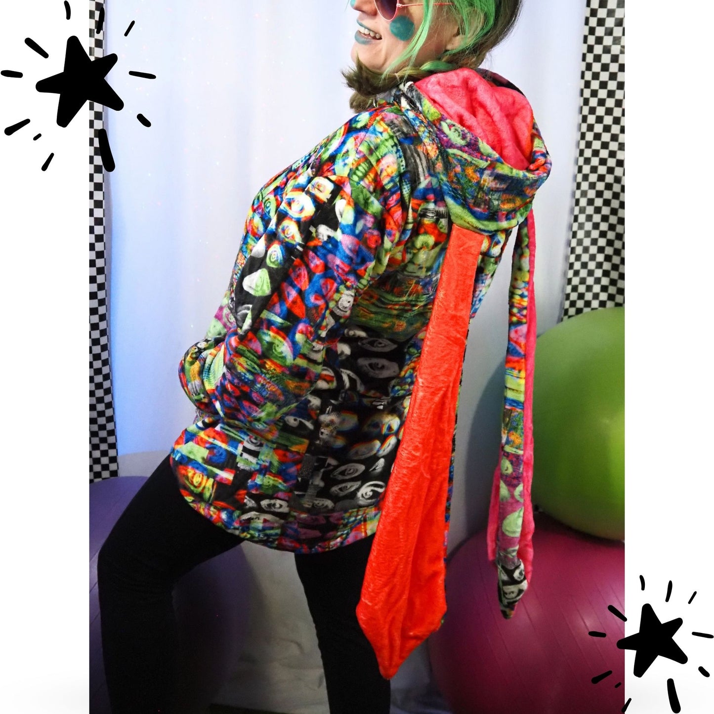 Cozy Bunny Hoodie Abstract Glitch Eye Rabbit Ear Plush Fleece Longline Sweatshirt