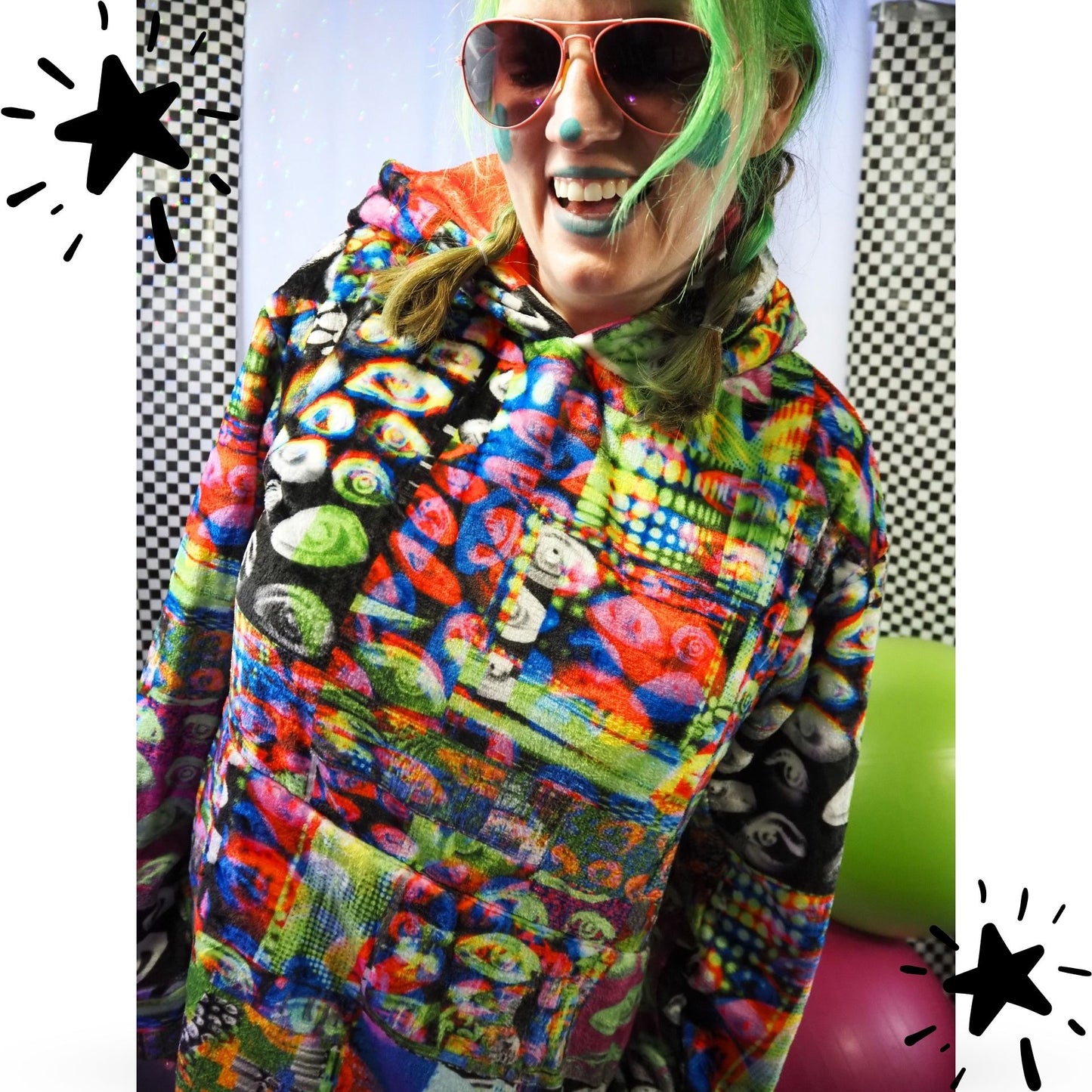 Cozy Bunny Hoodie Abstract Glitch Eye Rabbit Ear Plush Fleece Longline Sweatshirt