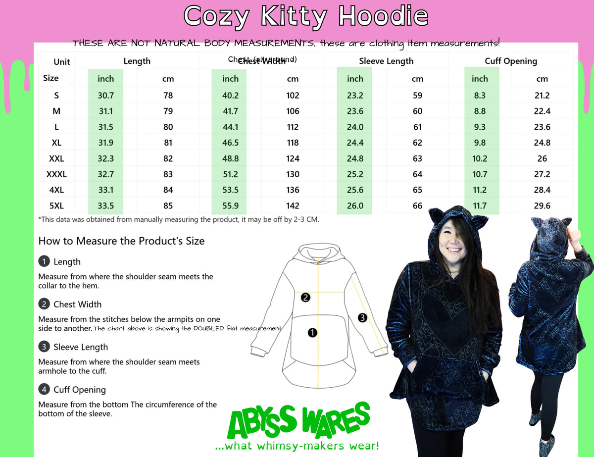 Cozy Kitty Hoodie Love Spell Black Hearts Plush Fleece Cat Ear Pullover Sweatshirt