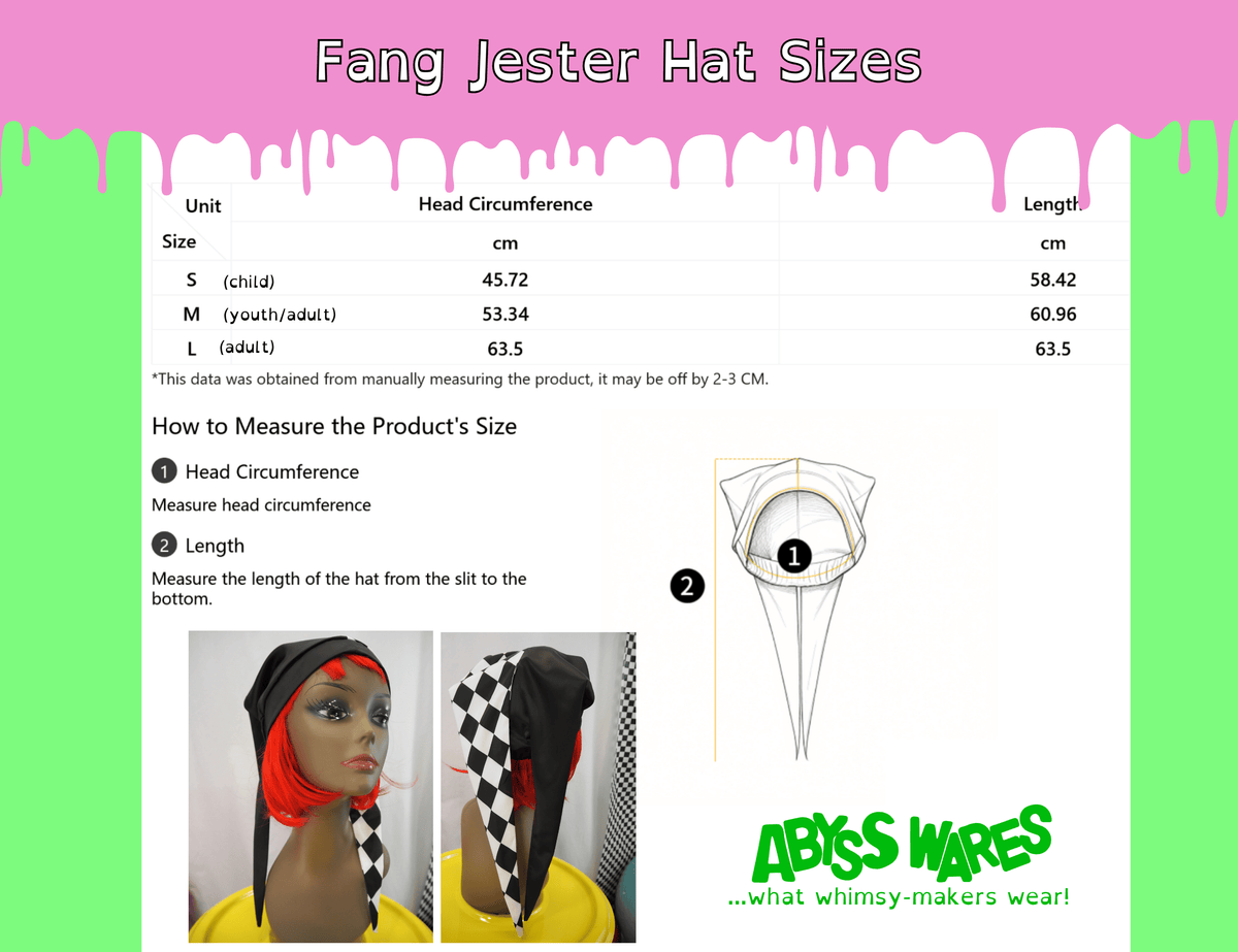 AbyssWares Fang Jester Hat size chart, satin two point jester hat, clown cap