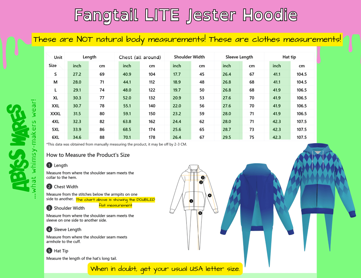 AbyssWares Fangtail LITE Jester Hoodie size chart, blue ombre jester hoodie, lightweight zip up