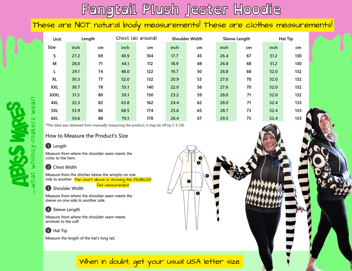 AbyssWares Fangtail Plush Jester Hoodie size chart, plush zip up, clown fleece jacket