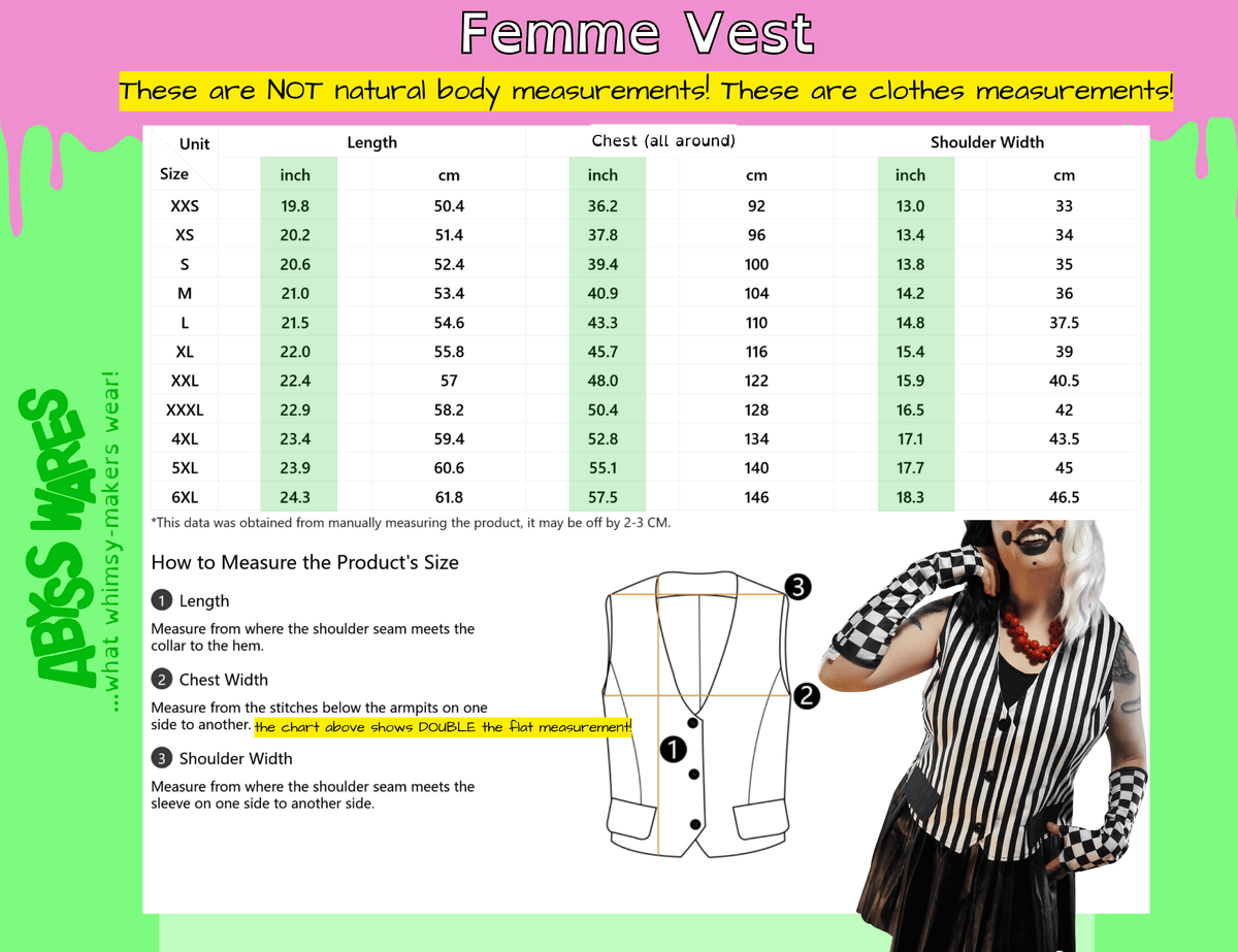 AbyssWares Femme Vest size chart, womens jester vest, clown waistcoat