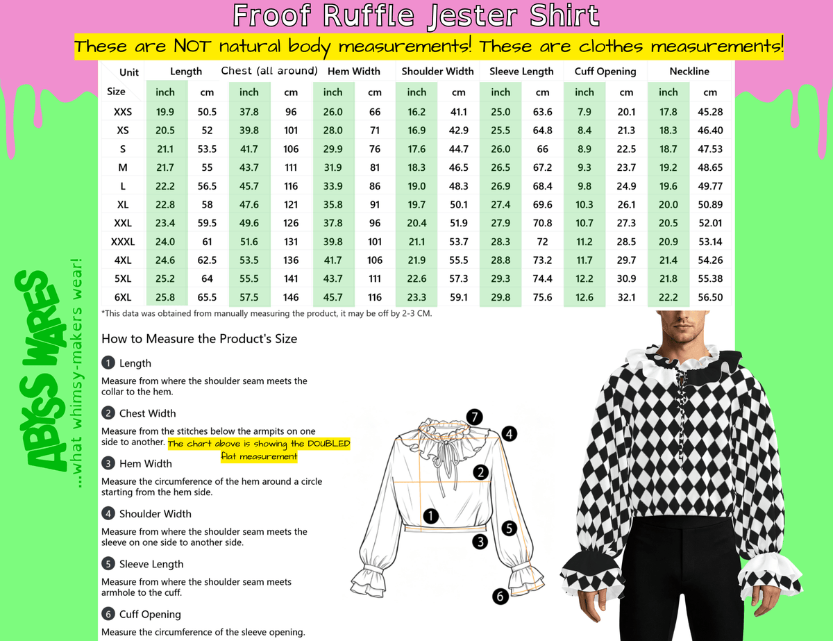 AbyssWares Froof Ruffle Jester Shirt size chart, ruffle poet sleeve shirt, jester dance top