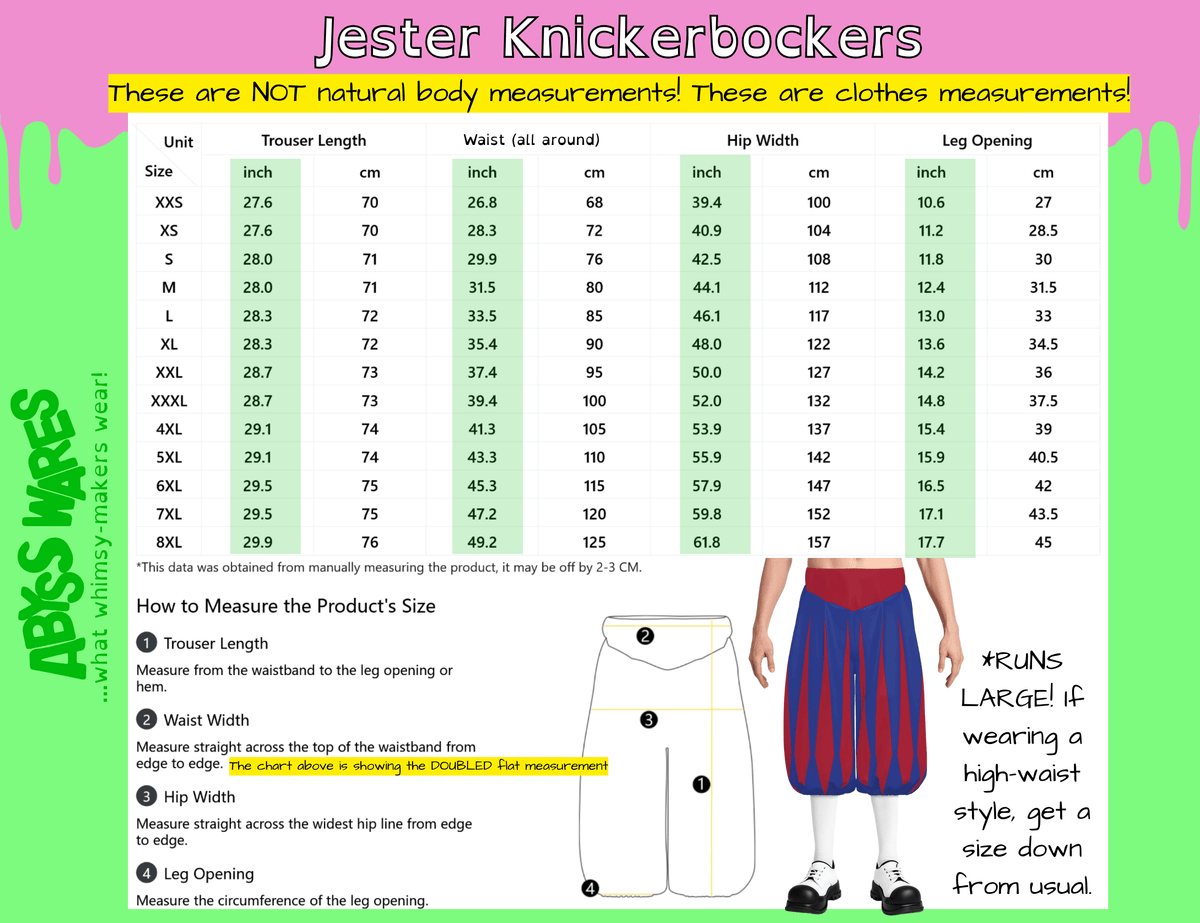 AbyssWares Jester Knickerbockers size chart, knee breeches, baggy clown pants