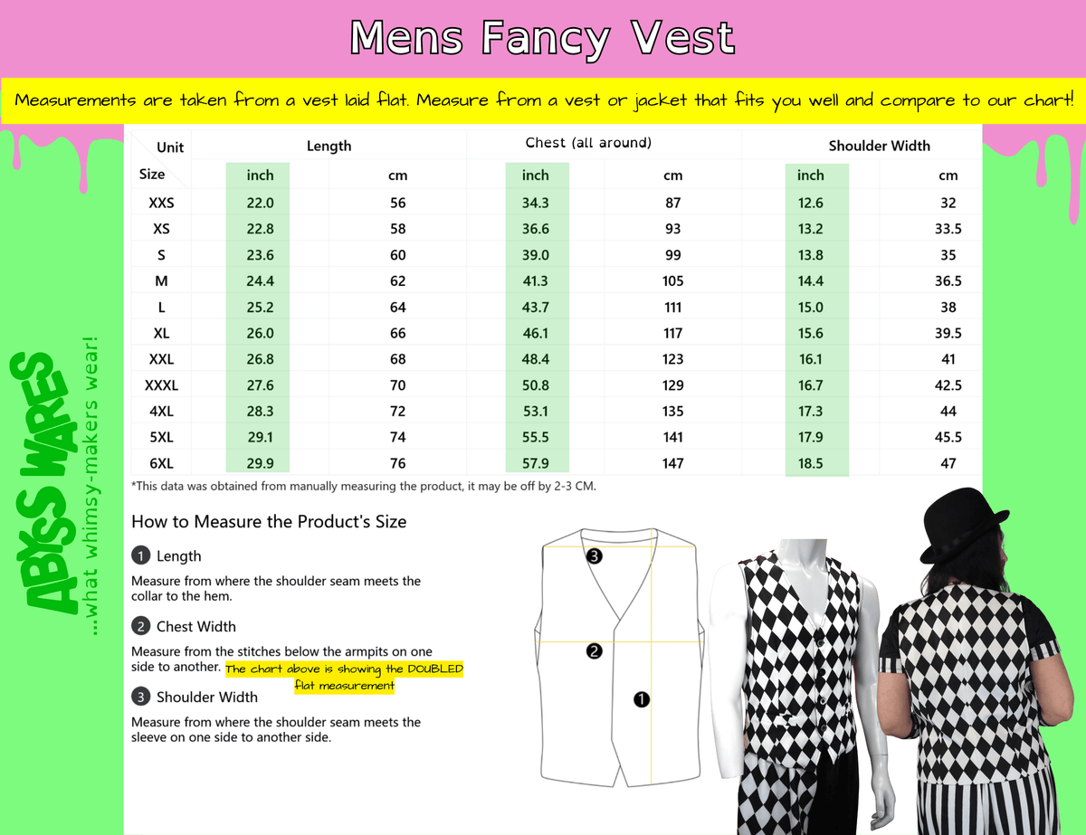AbyssWares Mens Fancy Vest size chart, jester waistcoat, clown vest