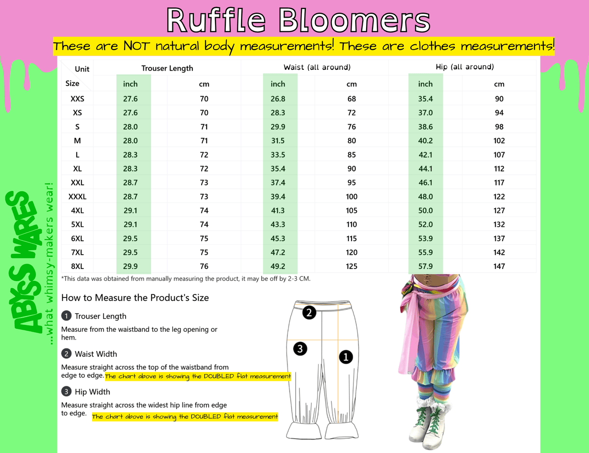 AbyssWares Ruffle Bloomers size chart, clown bloomers, ruffle pantaloons