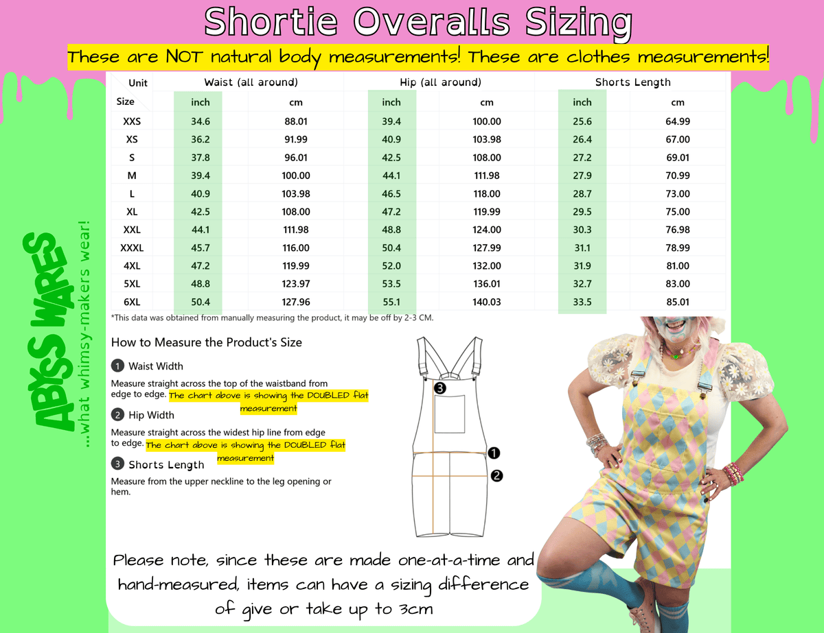 AbyssWares Shortie Overalls size chart, rainbow cloud overalls, clown overall shorts