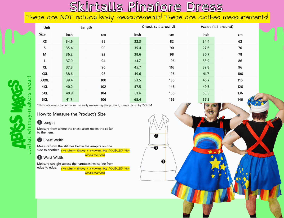 AbyssWares Skirtalls Pinafore Dress size chart, clown pinafore dress, skirtalls with pockets
