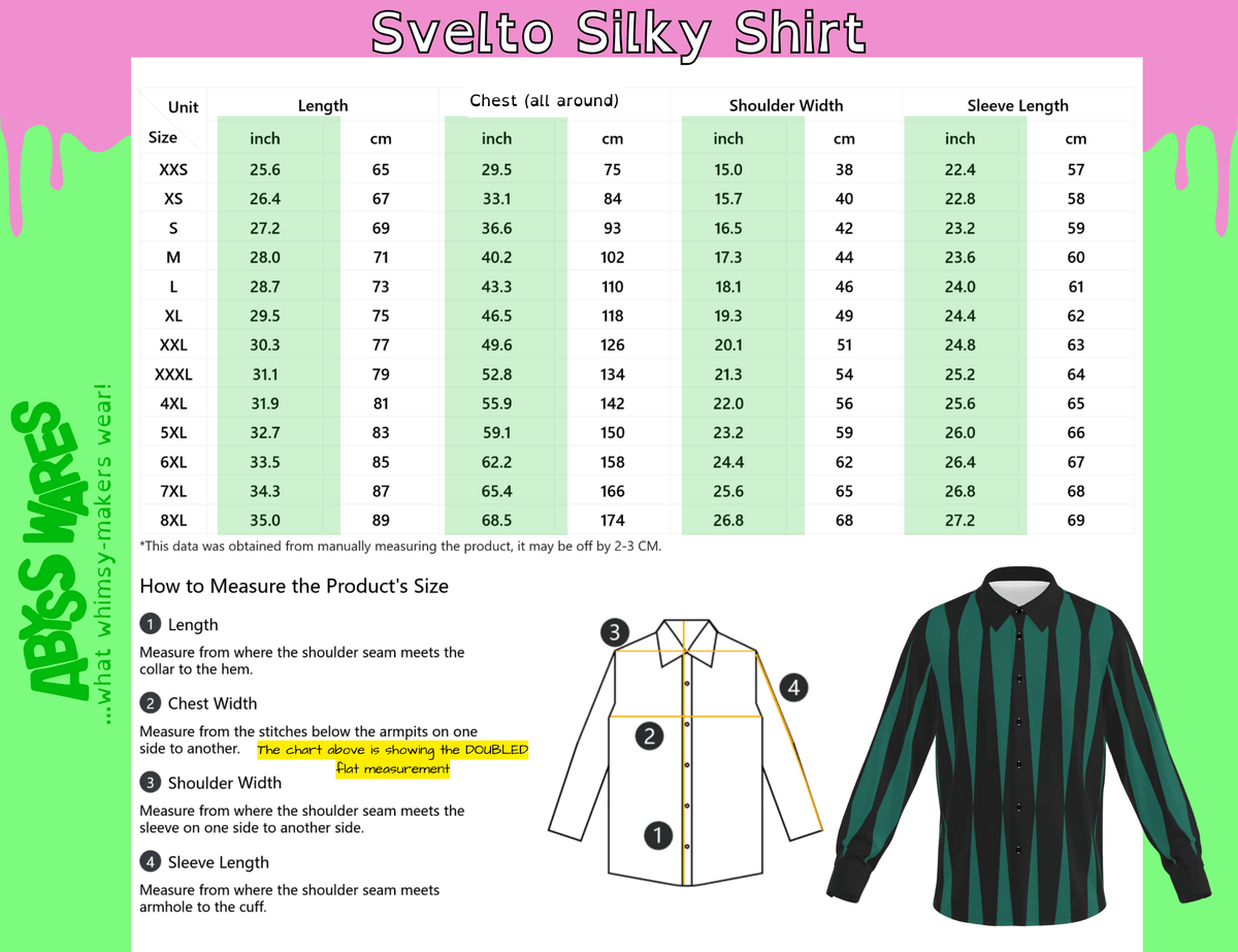 AbyssWares Svelto Silky Shirt size chart, satin button up, clown dress shirt