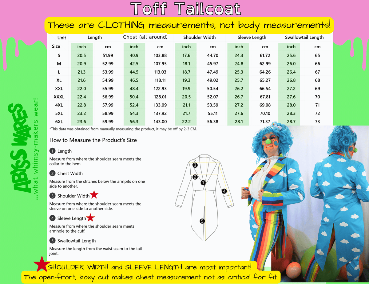 AbyssWares Toff Tailcoat size chart, uncle sam tailcoat, clown cutaway jacket