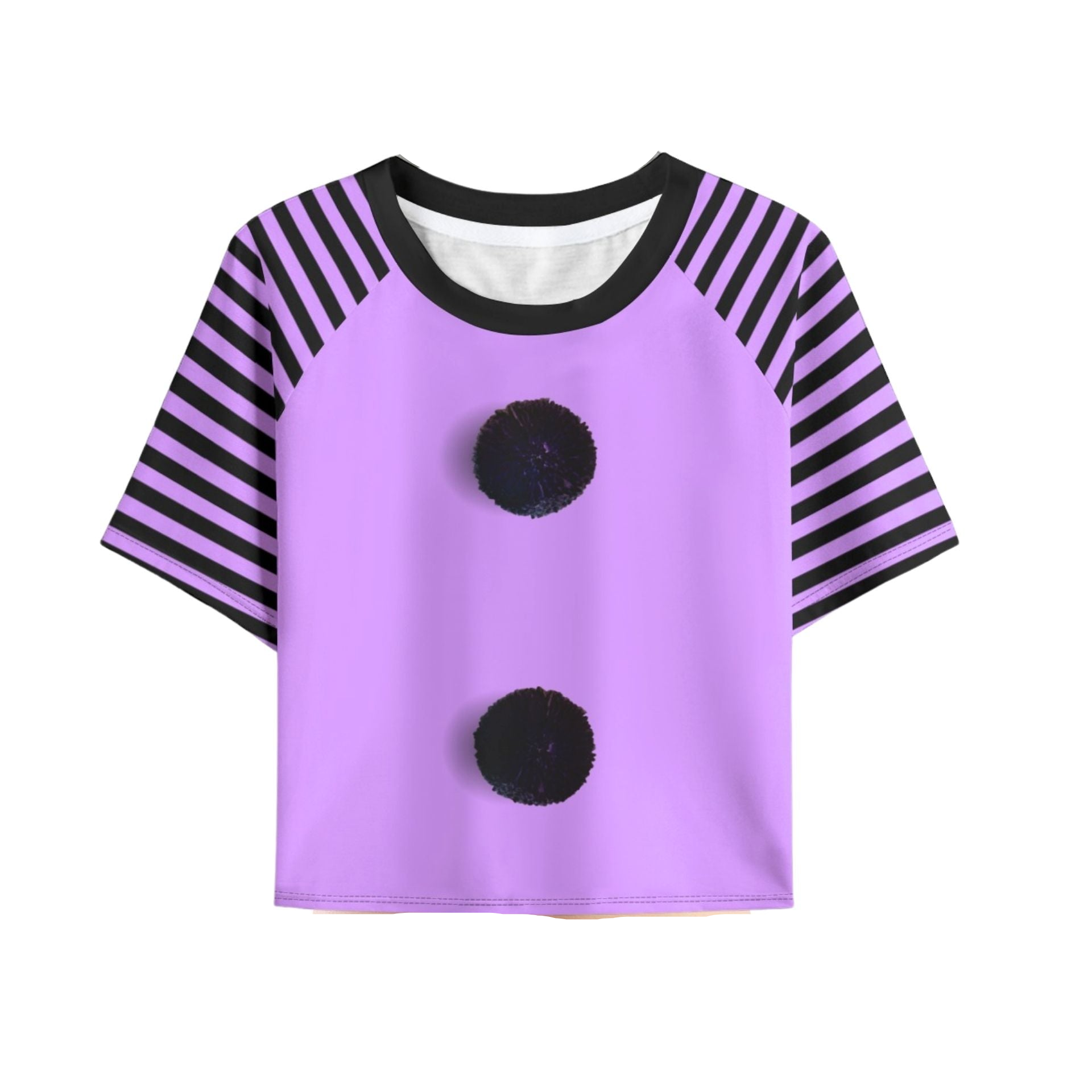 Purple t-shirt with black stripes and two black dots on a white background