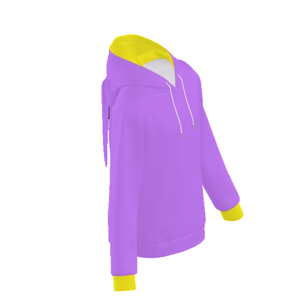 Purple hoodie with yellow cuffs and hem on a white background