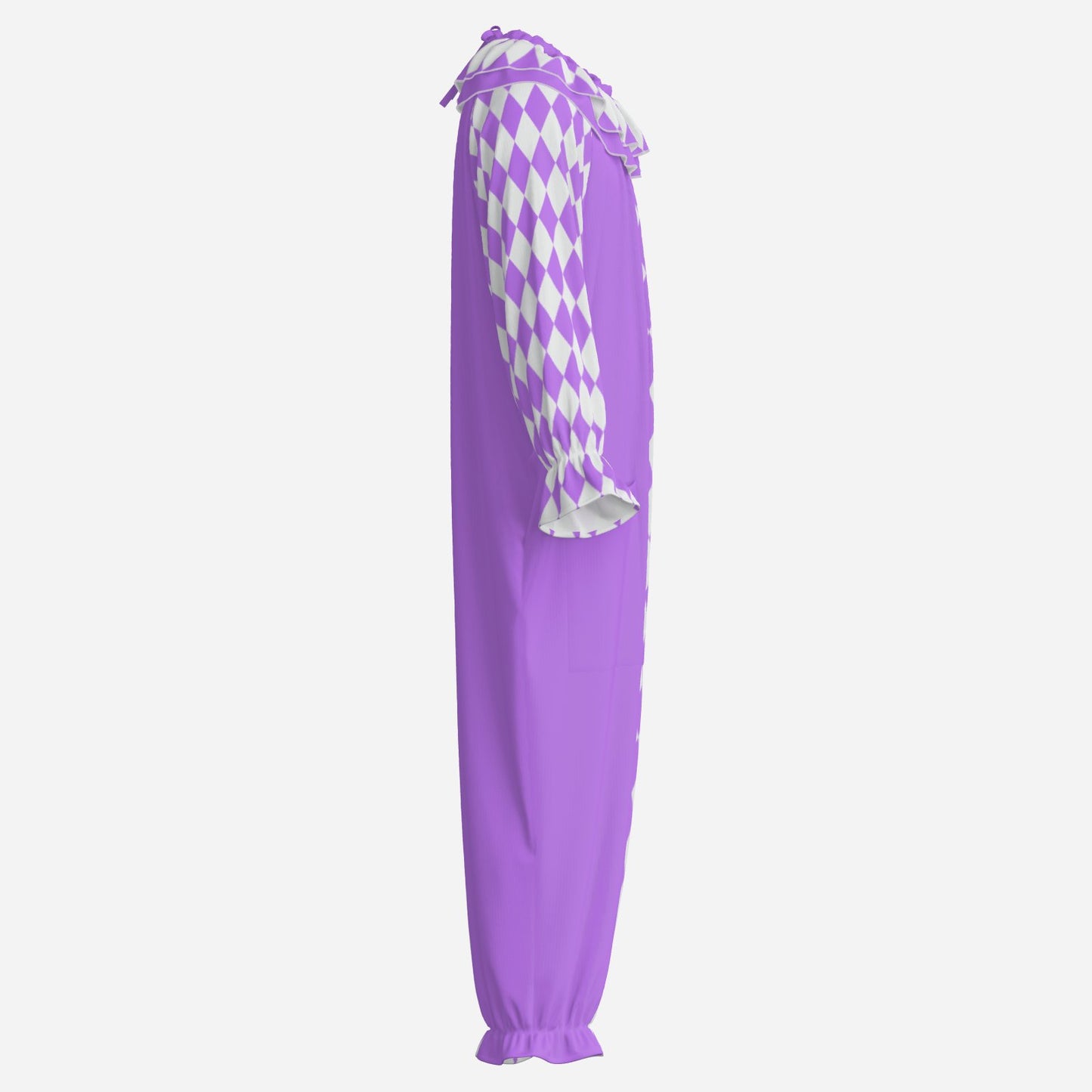 Purple adult clown suit with a checkered pattern on a white background