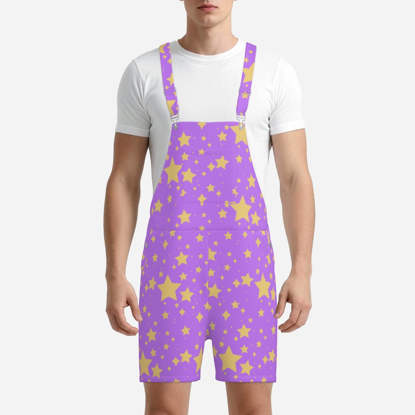 Person wearing a purple romper with yellow star pattern on a white background