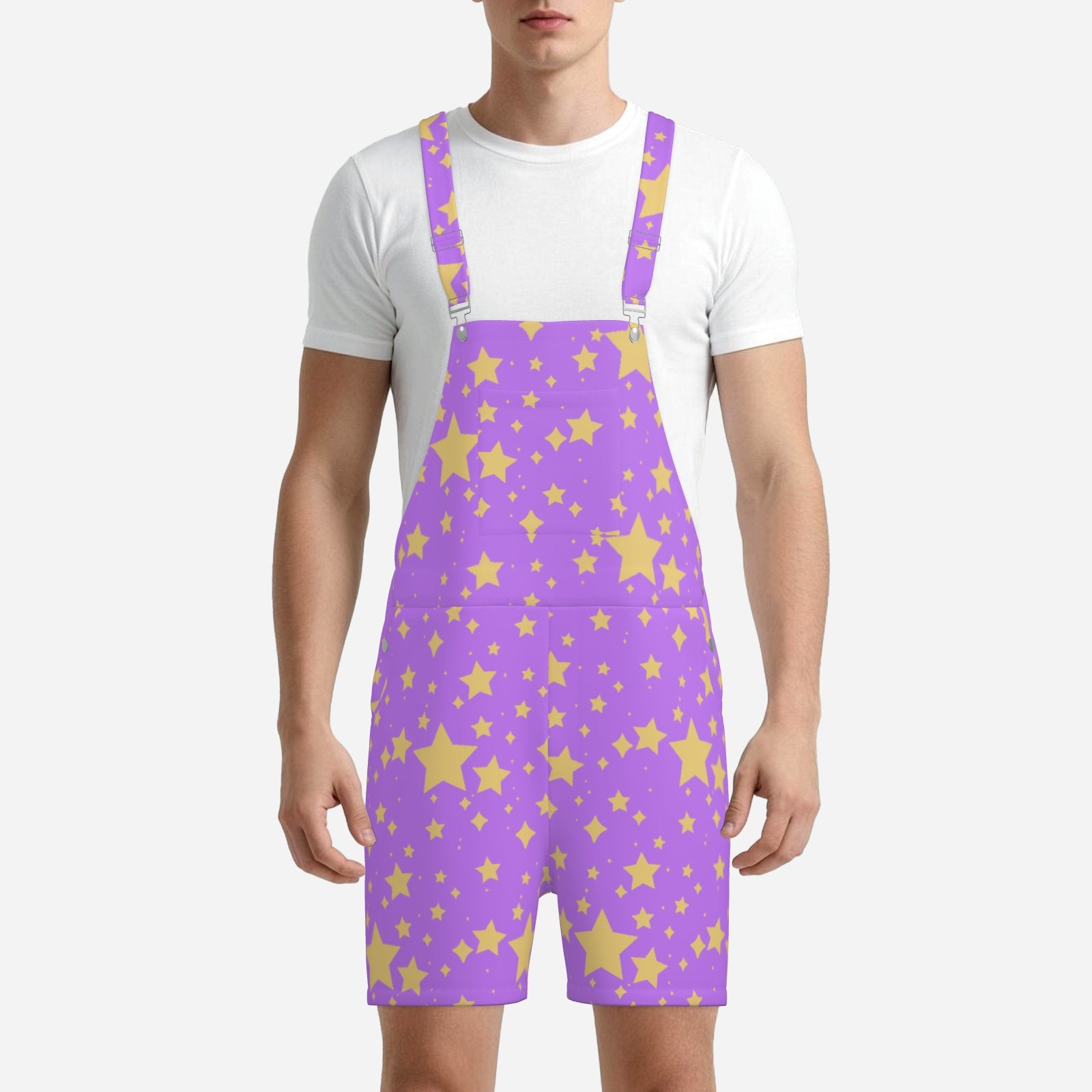 Person wearing a purple romper with yellow star pattern on a white background