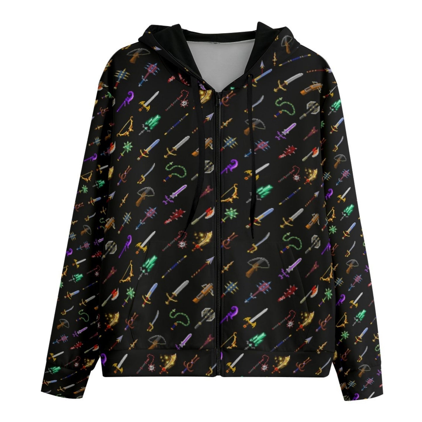 Black hoodie with colorful weapon pattern on a white background