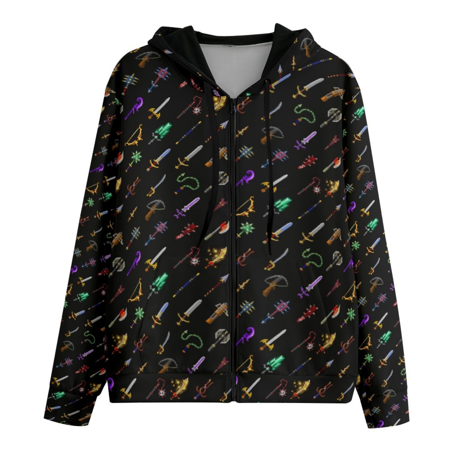 Black hoodie with colorful weapon pattern on a white background