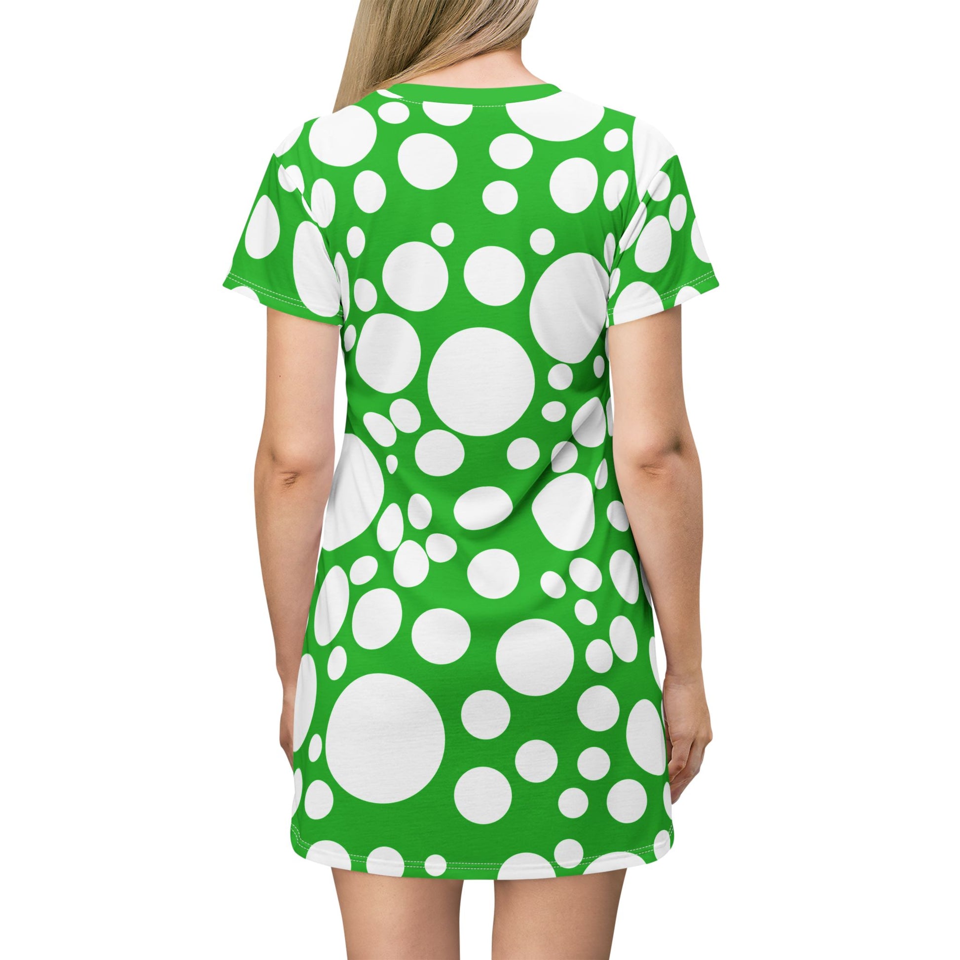 ladies cute green with white spots short tshirt dress looks like a cartoon mushroom polkadot pattern