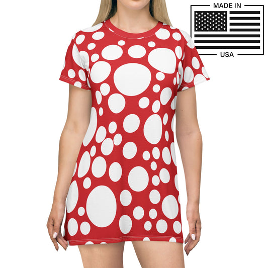 Arcade Amanita Tshirt Dress made in the USA bright red with white spots