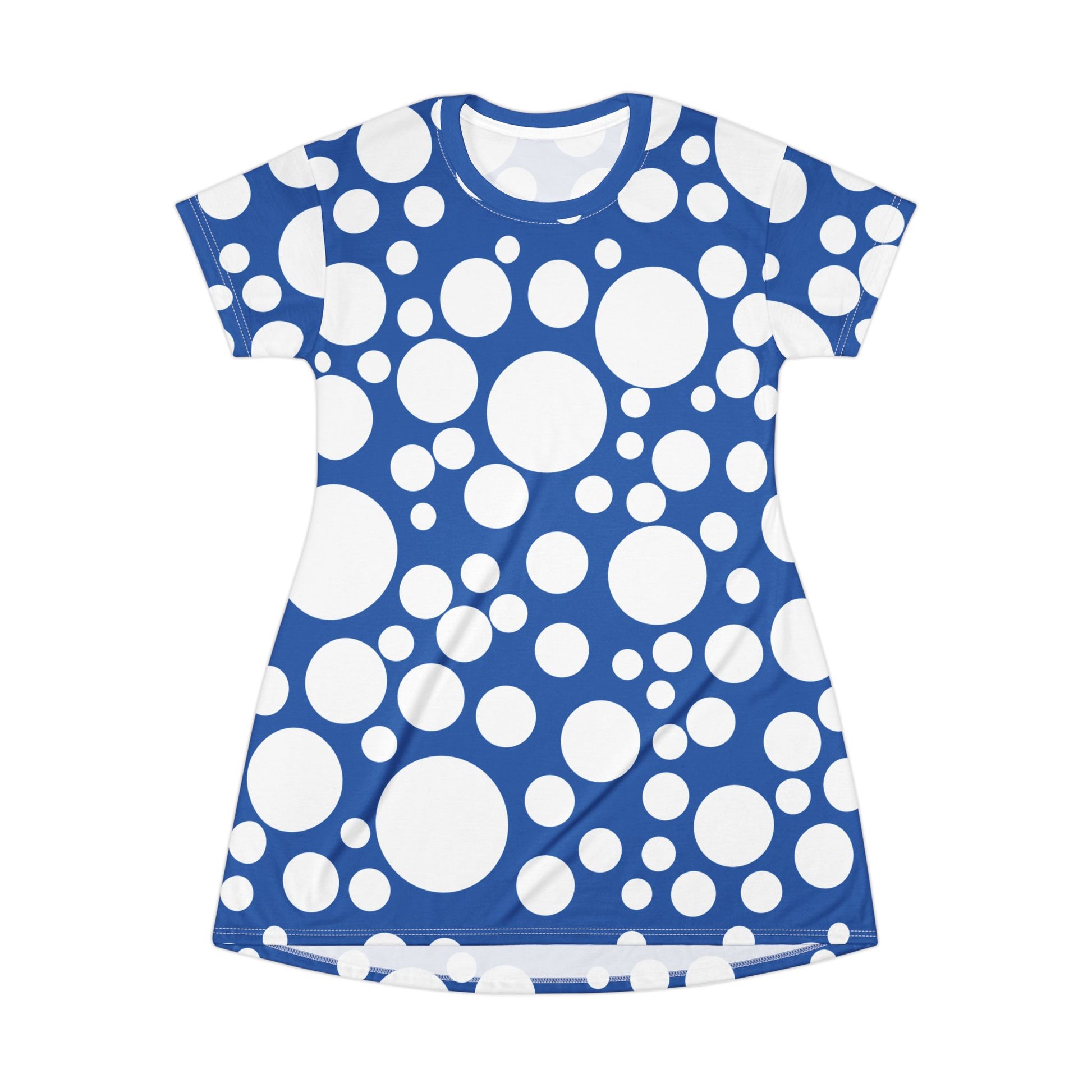 cute clown core dress for women in bright blue with white polkadot spots looks like a cartoon mushroom, short sleeve short tshirt dress