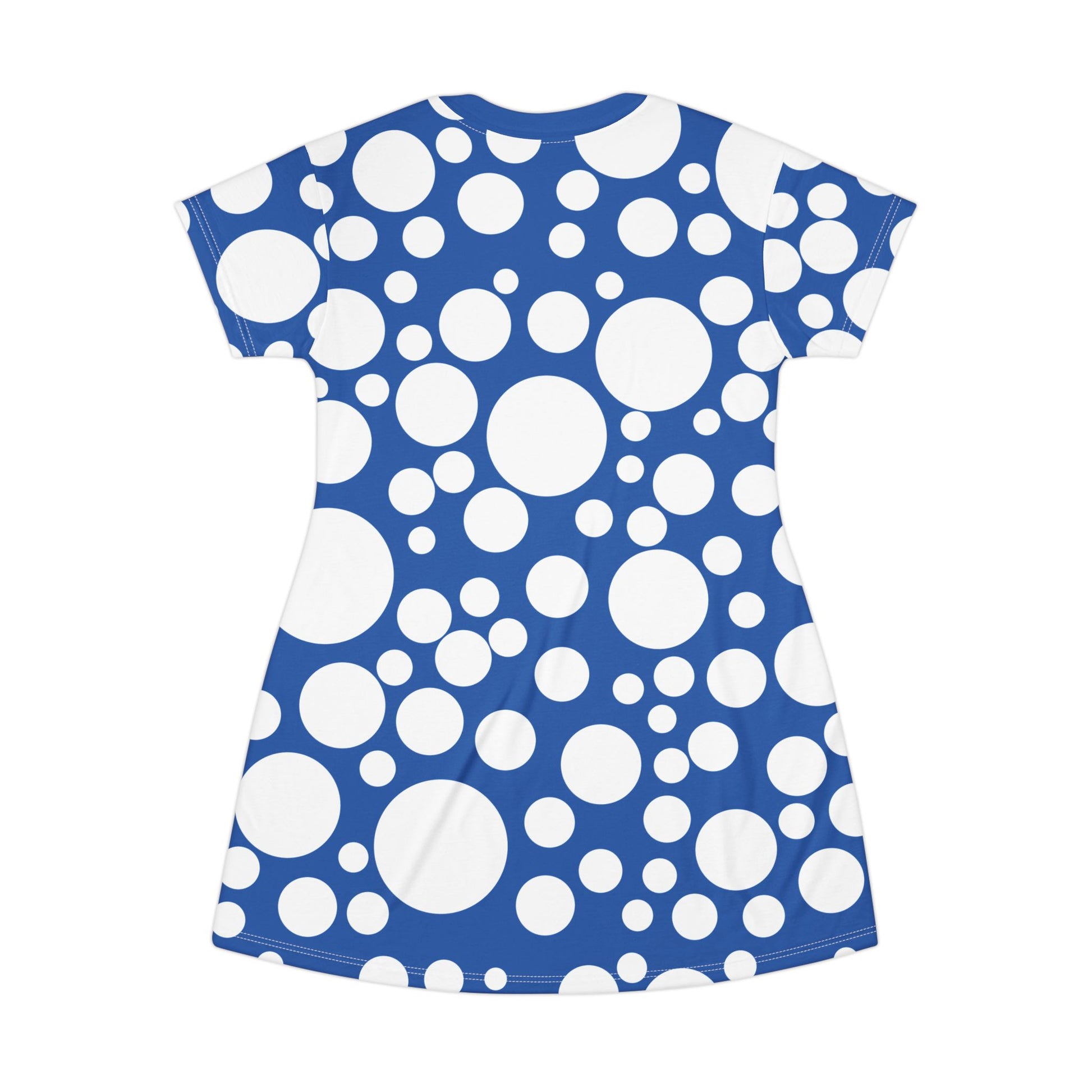 ladies clowncore dress in blue with white polkadots short sleeve mini dress