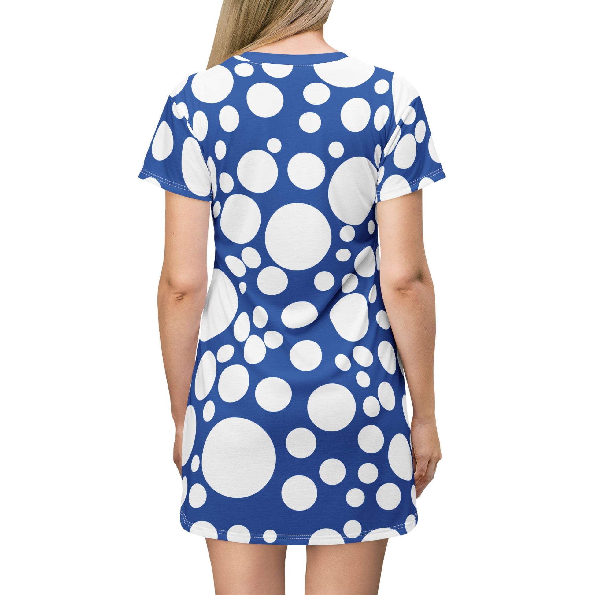 adult women clowncore cosplay cartoon mushroom dress in blue and white polkadots