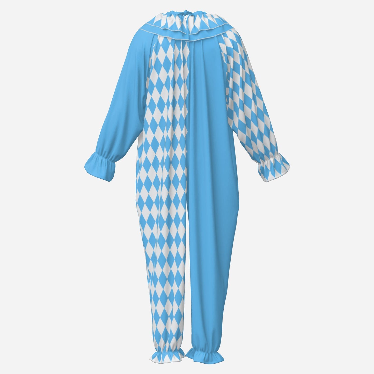 Blue and white argyle patterned adult clown costume suit 