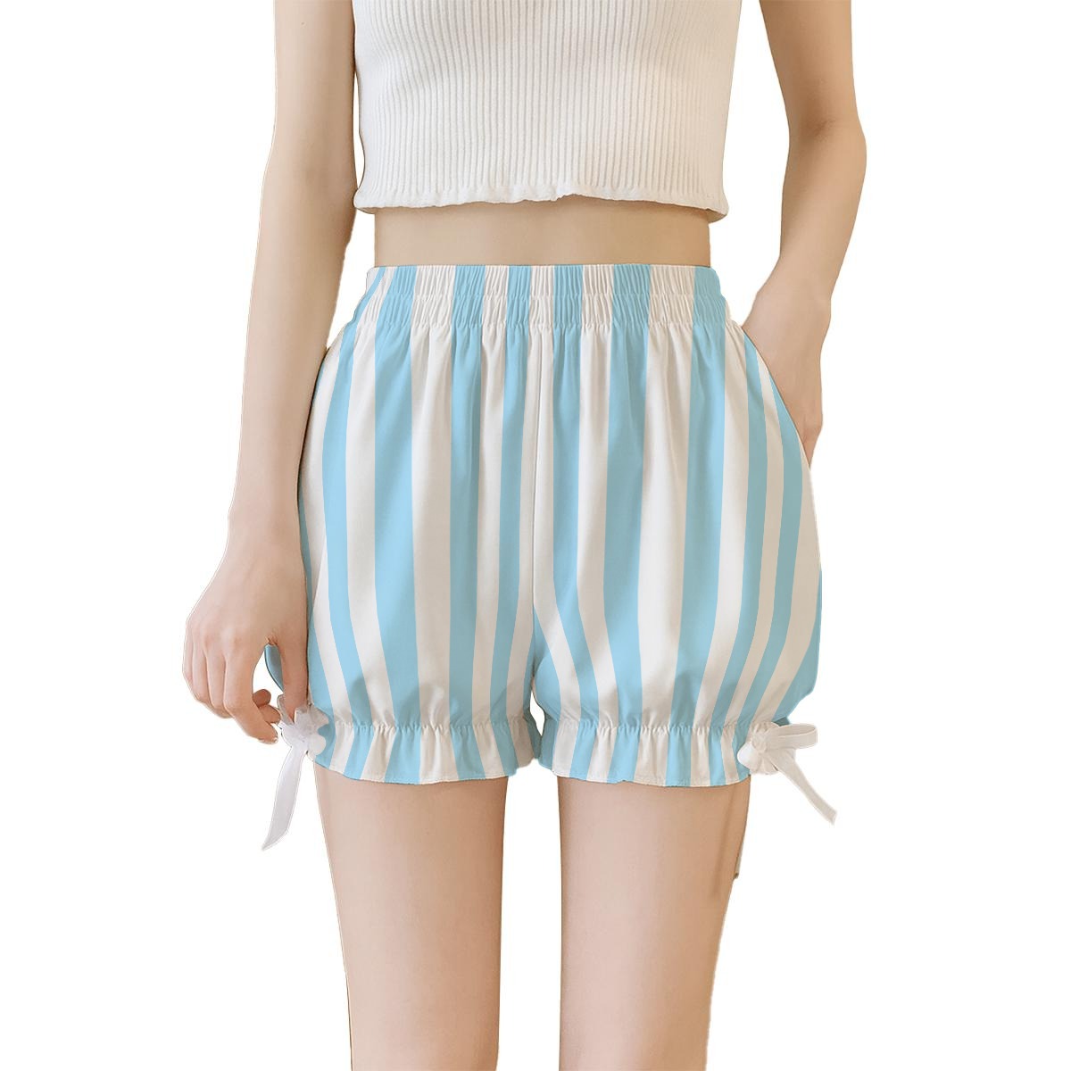 Blue and white striped shorts worn by a person on a white background