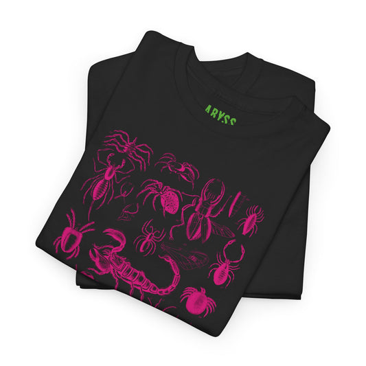 HOT PINK INSECT PRINT ON A BLACK COTTON TSHIRT, UNISEX