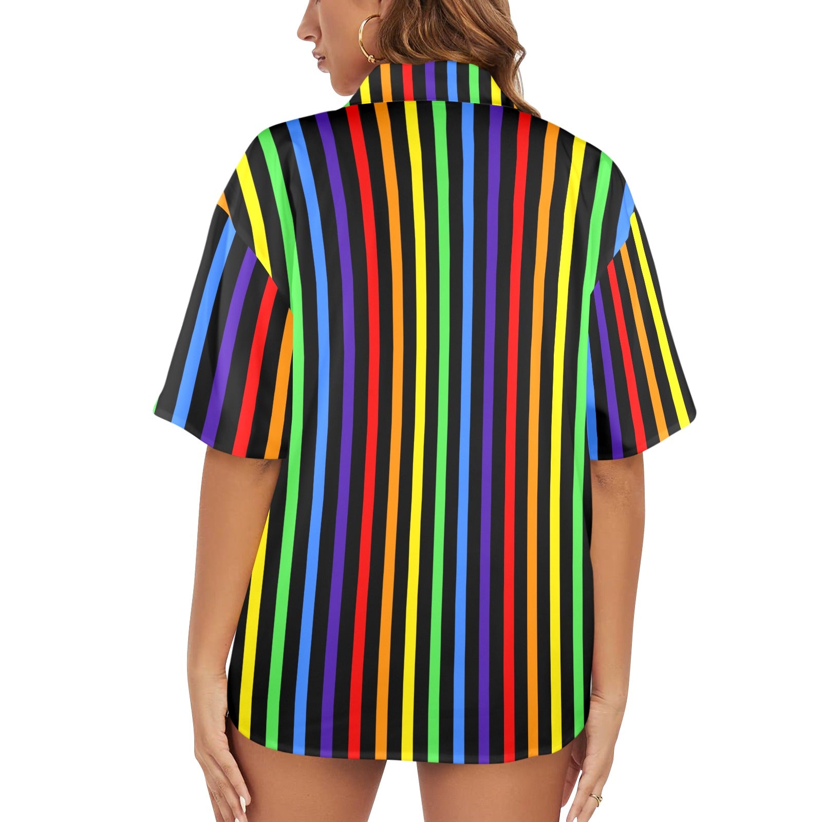 Colorful striped shirt worn by a person on a white background